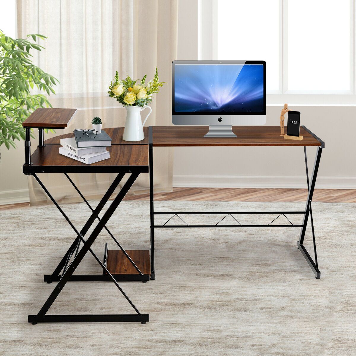 L-Shaped Corner Computer Desk with Monitor Stand and Host Tray